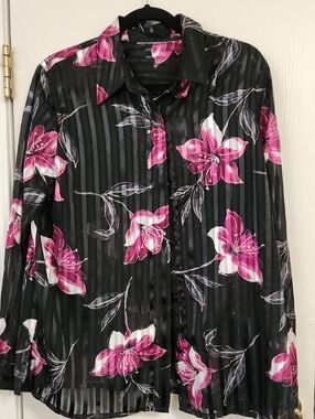 Black Sheer Button-Up Blouse with Pink Floral Print